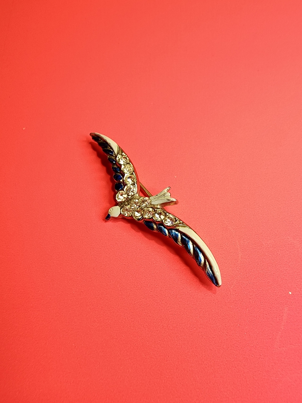 Antique Gold and Blue Bird Brooch Pin - Elegant Bird Accent C-clasp